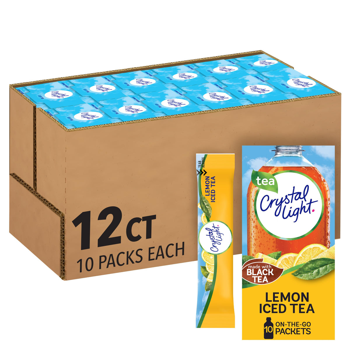Crystal Light Lemon Iced Tea on-the-go packet ready to flavor water.