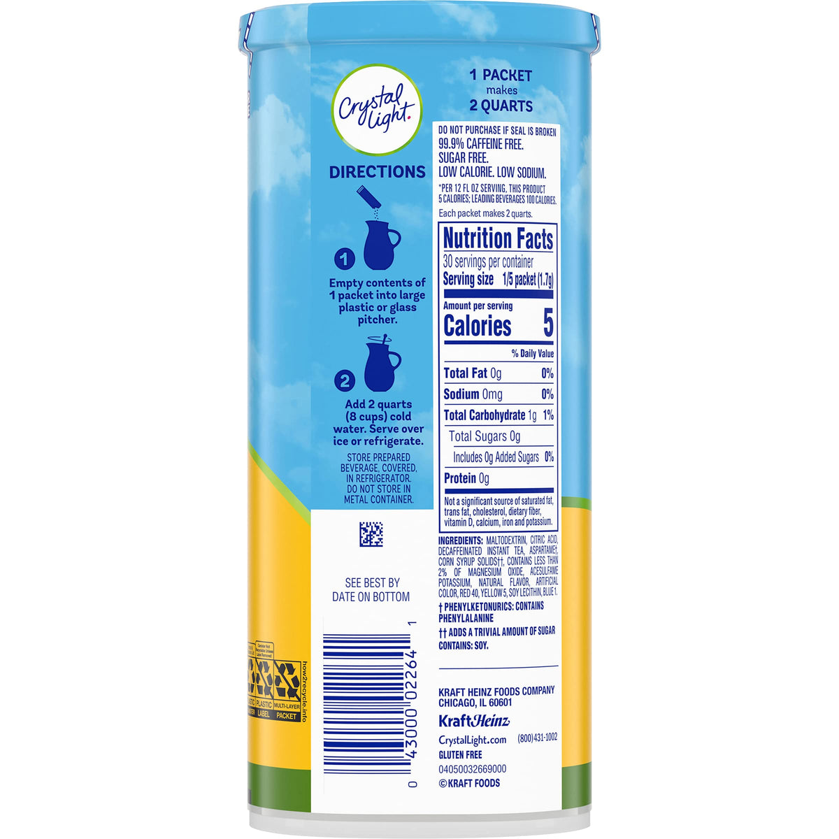 Crystal Light Lemon Iced Tea packaging highlights caffeine free formula
