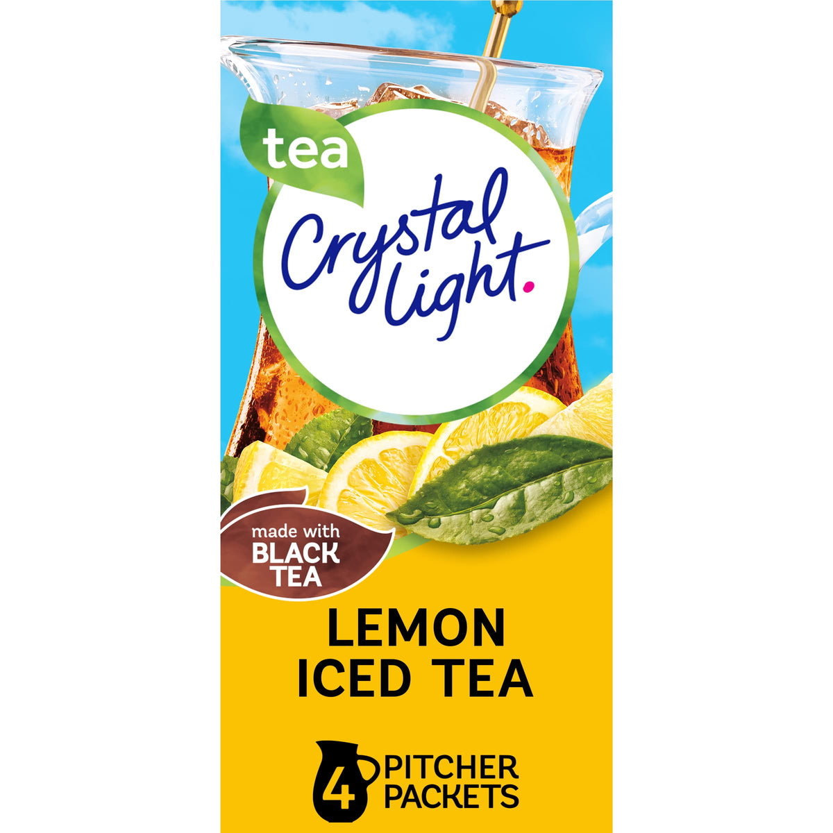 Crystal Light Lemon Iced Tea pitcher demonstrates quick 2-quart servings with no sugar.
