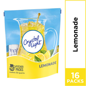 Crystal Light Lemonade Drink Mix with lemon slice garnish, ideal for summer hydration.