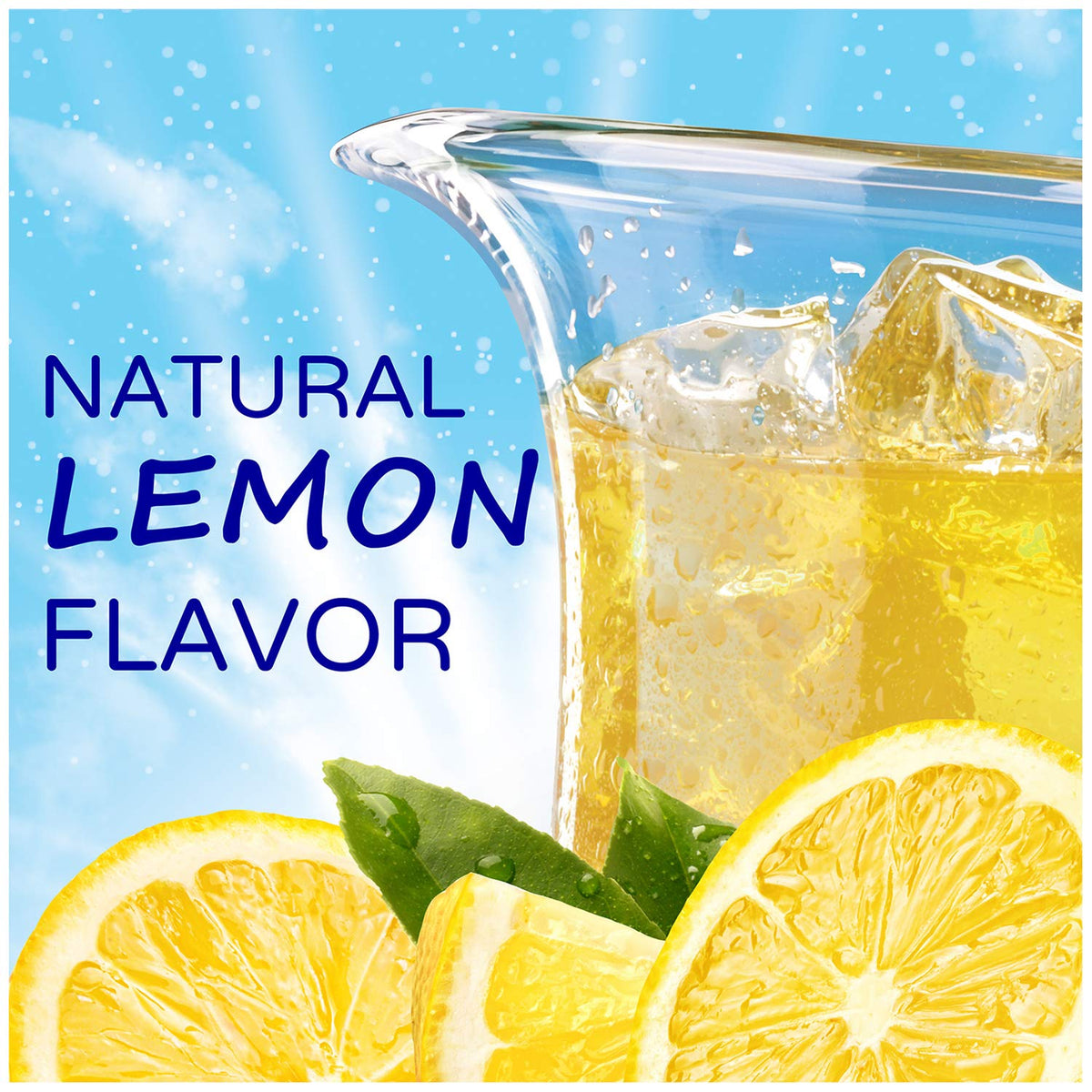 Crystal Light Lemonade Drink Mix shown beside a pitcher, easy prep for parties.
