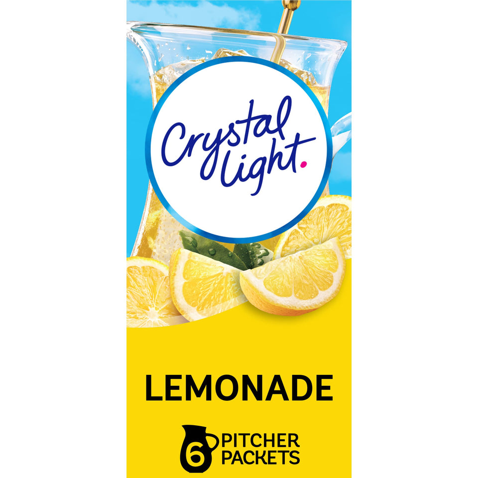 Crystal Light lemonade powder packet for 2-quart pitcher, low-calorie refreshment.