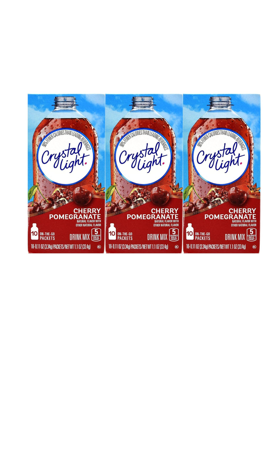 Crystal Light On The Go antioxidant cherry pomegranate packets for quick, low-calorie flavor.