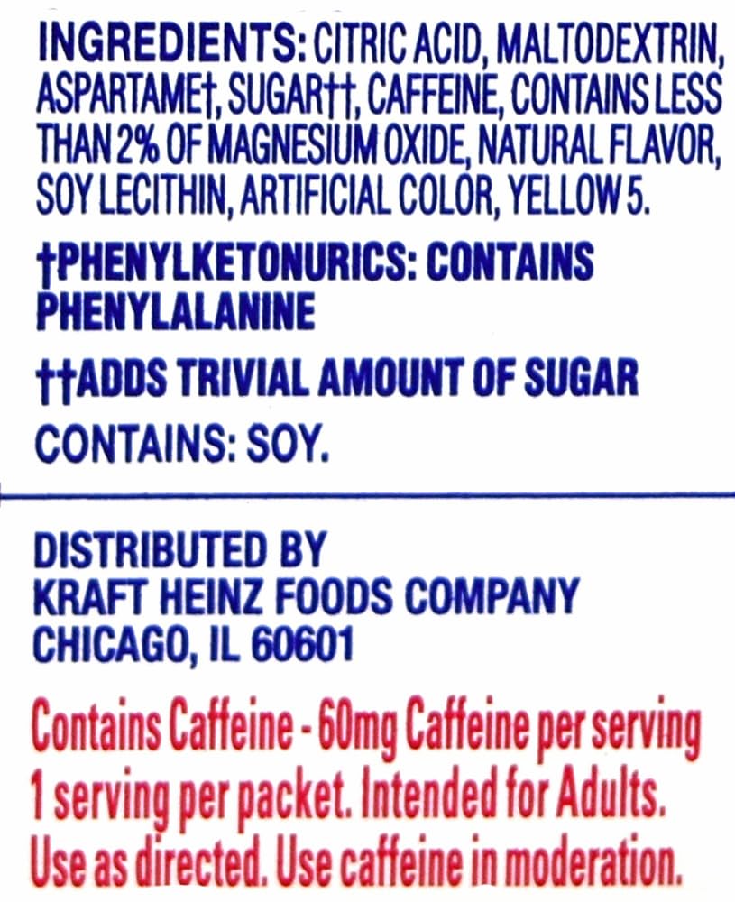 Crystal Light On The Go Citrus label highlights 60 mg caffeine per serving