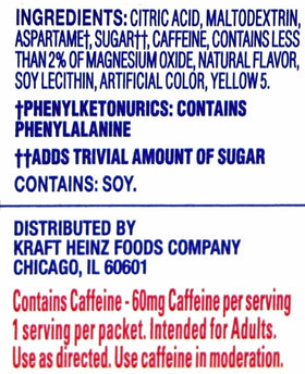 Crystal Light On The Go Citrus label highlights 60 mg caffeine per serving