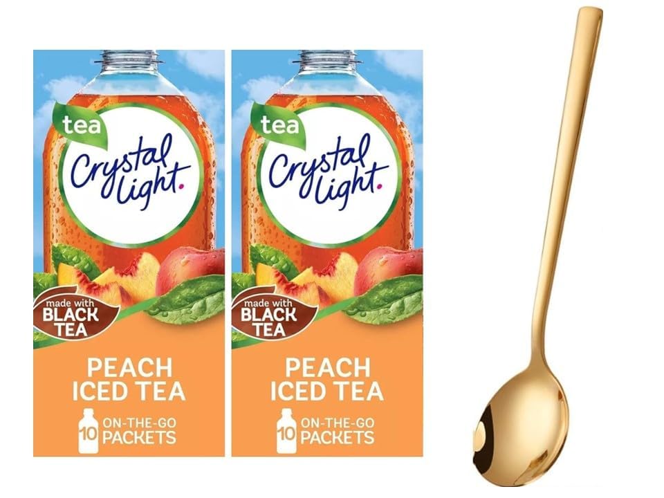 Crystal Light On The Go Peach Iced Tea drink mix with golden spoon for on-the-go hydration.