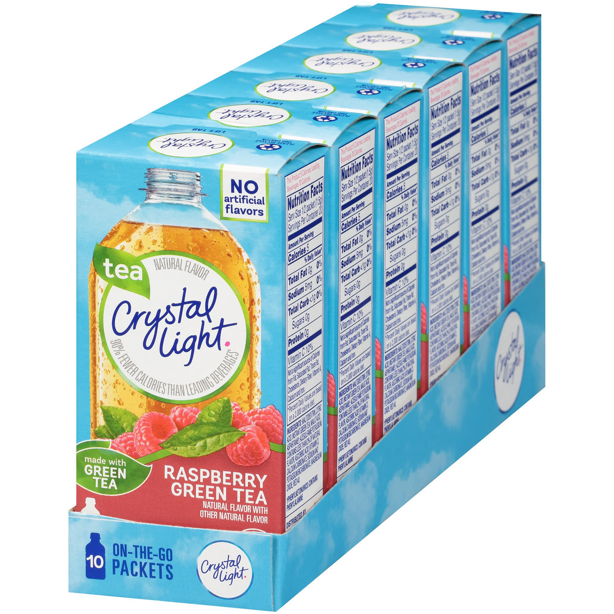 Crystal Light On The Go Green Tea Raspberry label close-up showing flavor.
