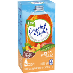 Crystal Light On-the-Go Peach in glass demonstrates a sugar-free, low-calorie refreshment