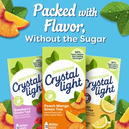 Crystal Light On The Go Peach Mango Green Tea packet in water bottle.