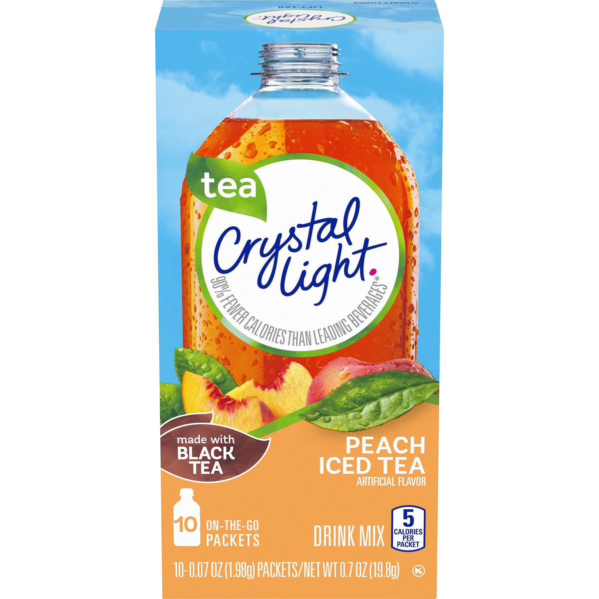 Crystal Light On-the-Go Peach packet poured into water for quick, low-calorie flavor