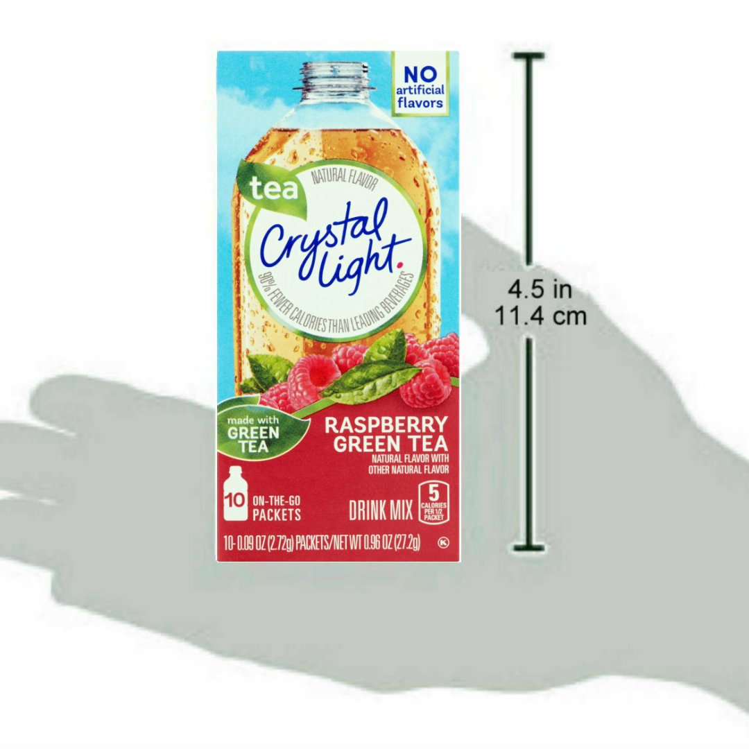 Crystal Light On The Go Raspberry Green Tea label highlights 5 calories per serving and low caffeine.