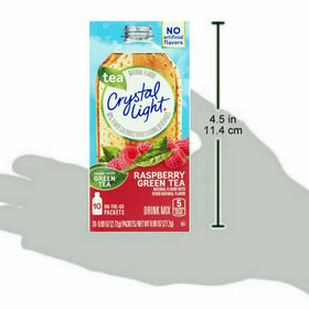 Crystal Light On The Go Raspberry Green Tea label highlights 5 calories per serving and low caffeine.