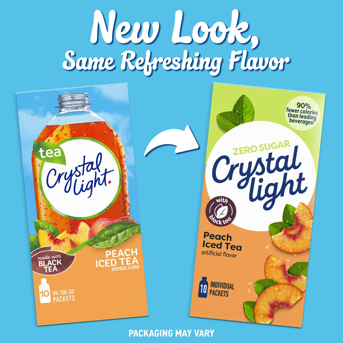 Prepared glass of peach iced tea made with Crystal Light.