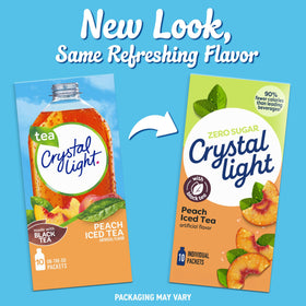 Prepared glass of peach iced tea made with Crystal Light.