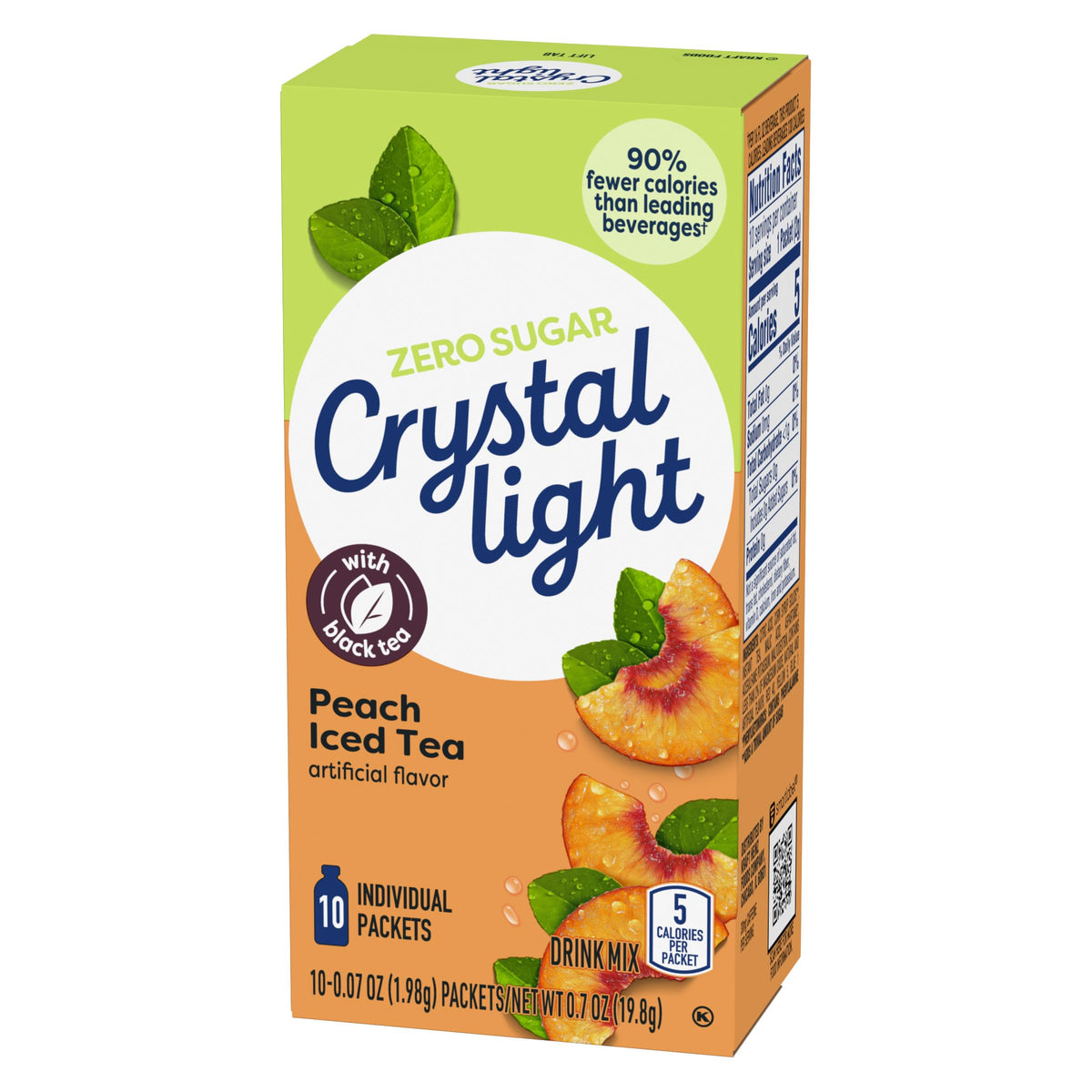 Stack of Crystal Light Peach Iced Tea boxes in kitchen.