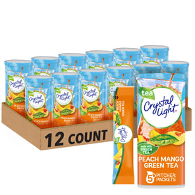 Crystal Light Peach Mango Green Tea canisters on shelf offer low-calorie flavor.