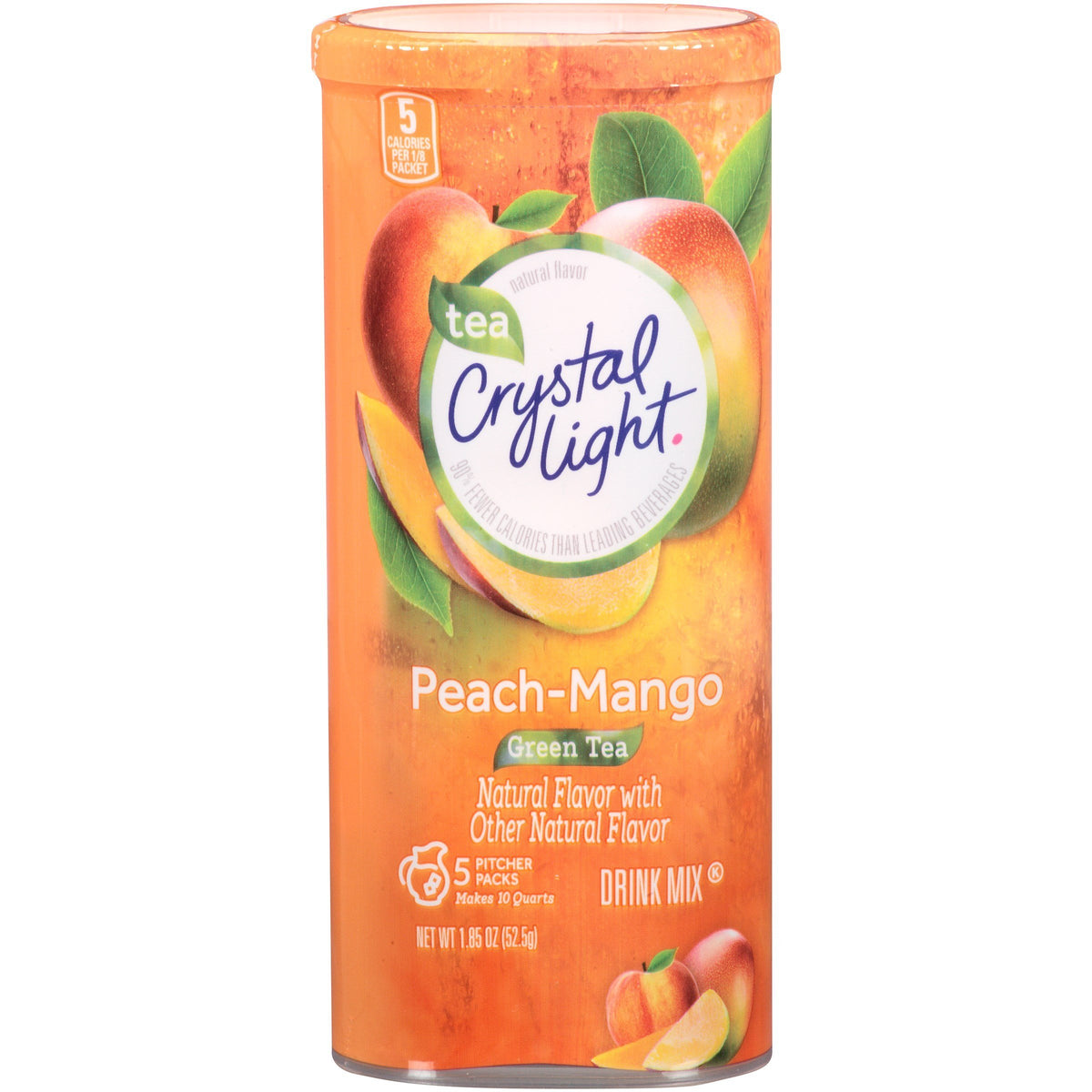 A chilled Crystal Light glass shows vibrant peach and mango aroma.