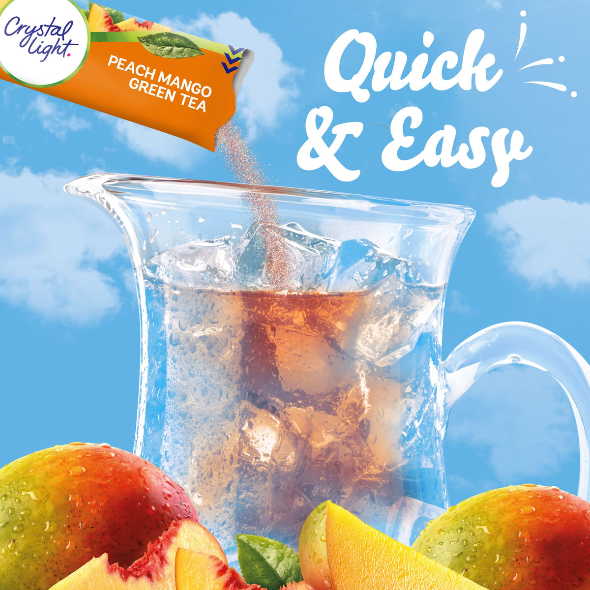 Pouring Crystal Light into a glass highlights refreshing, sugar-free taste.