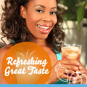 Ice-cold glass with Crystal Light suggests a light, fruity refreshment.
