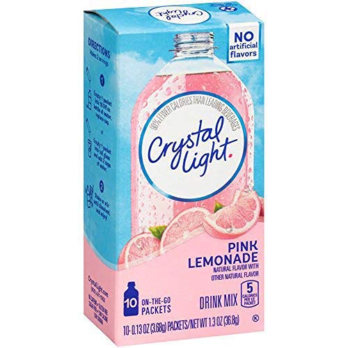 Crystal Light Pink Lemonade boxes on a kitchen counter for easy refreshment