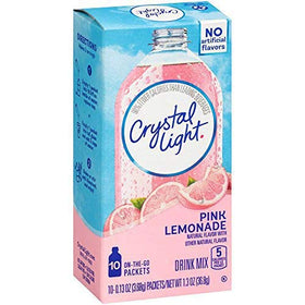 Crystal Light Pink Lemonade boxes on a kitchen counter for easy refreshment