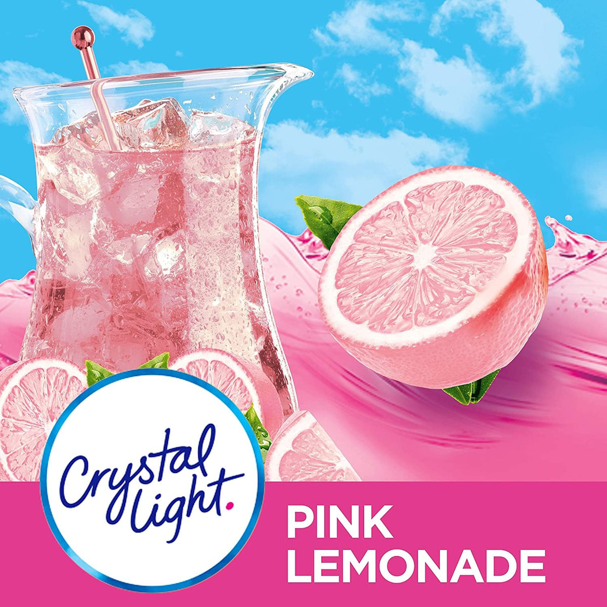 Crystal Light Pink Lemonade glass with ice, a refreshing low-calorie sip.