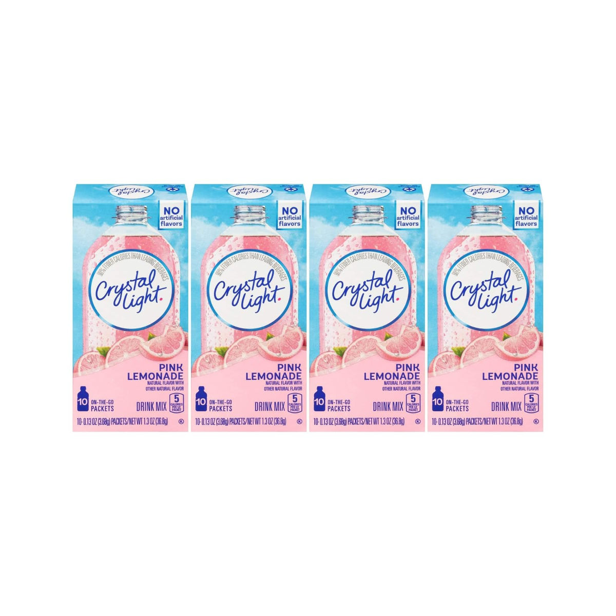 Crystal Light Pink Lemonade on the Go box packaging highlights convenient 10-pack units.