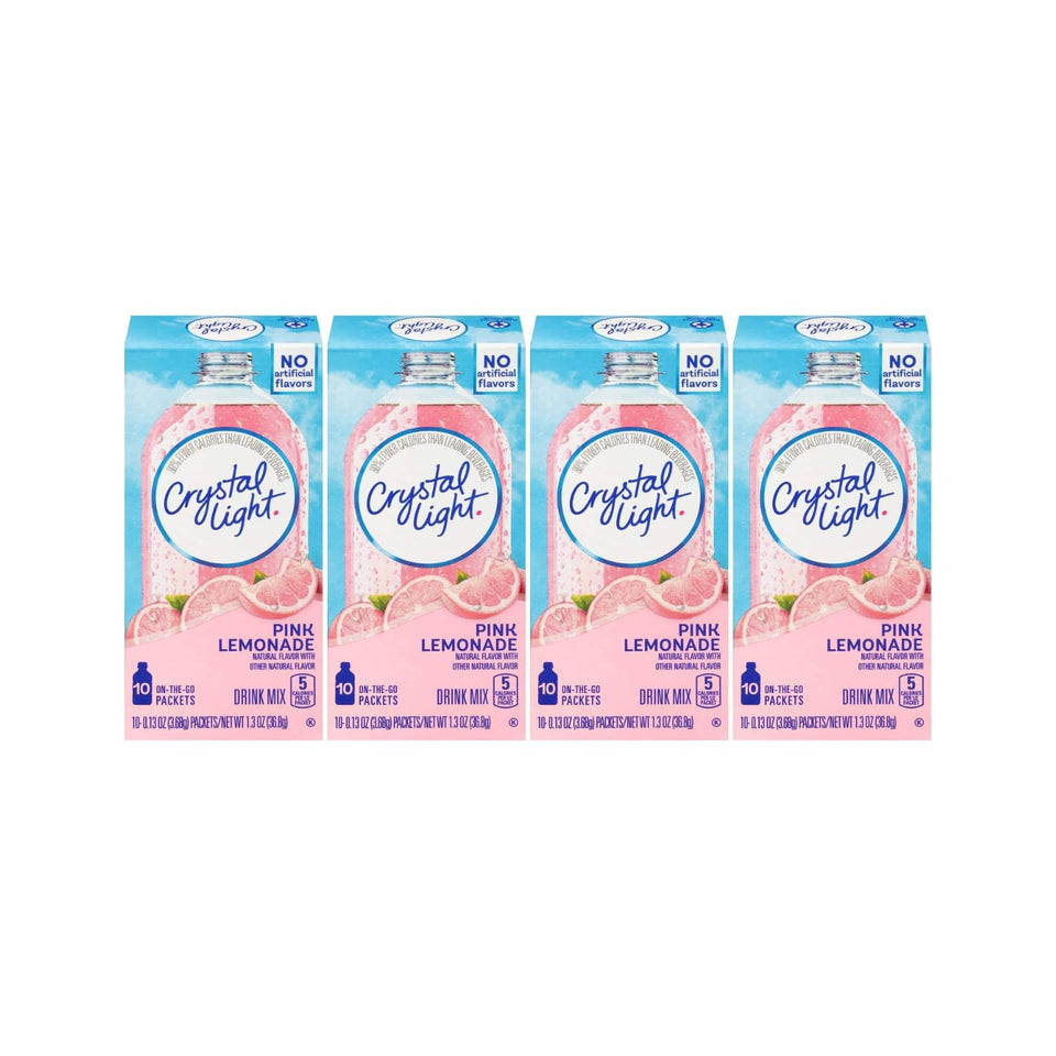 Crystal Light Pink Lemonade on the Go box packaging highlights convenient 10-pack units.