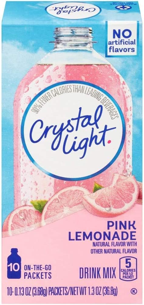 Crystal Light Pink Lemonade on the Go packets close-up showing portable flavor.