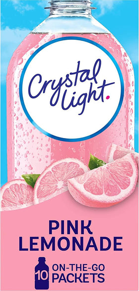 Crystal Light Pink Lemonade on the Go packet dissolving in water for quick refreshment.