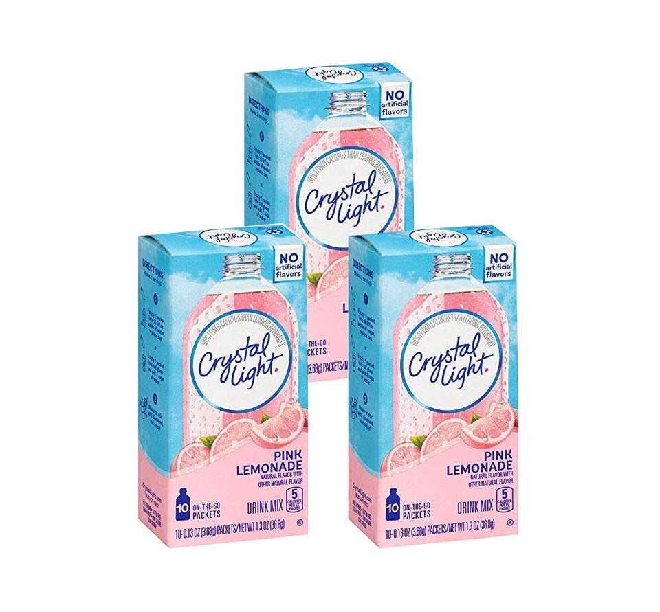 Crystal Light Pink Lemonade packets ready to mix into water for a low-calorie refreshment