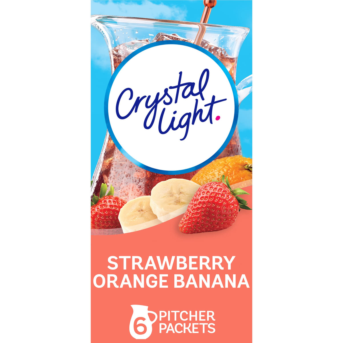 Crystal Light strawberry-orange-banana powder packet ready to mix for a fruity, low-calorie drink