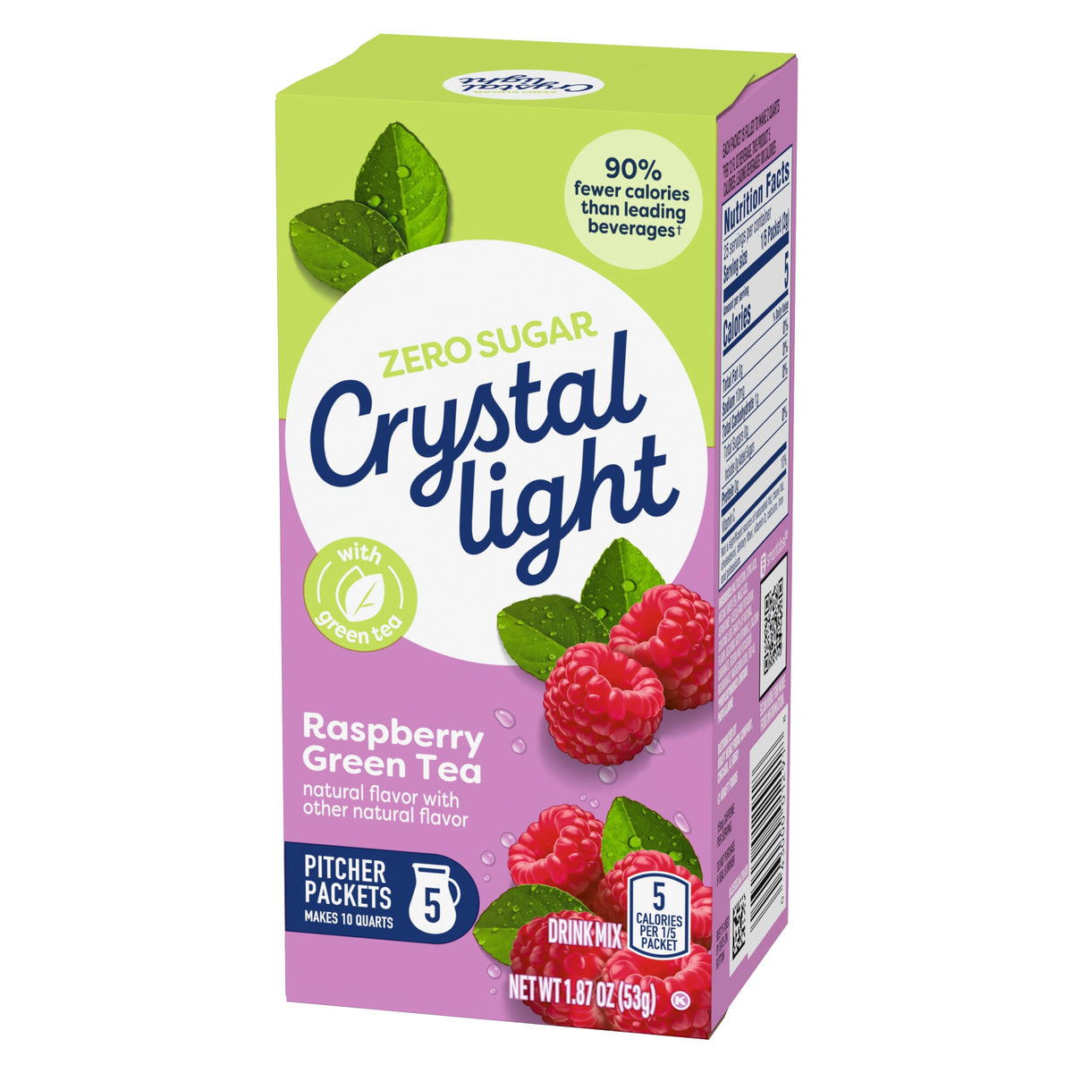 Box of Crystal Light Raspberry Green Tea packets showing family-friendly convenience.