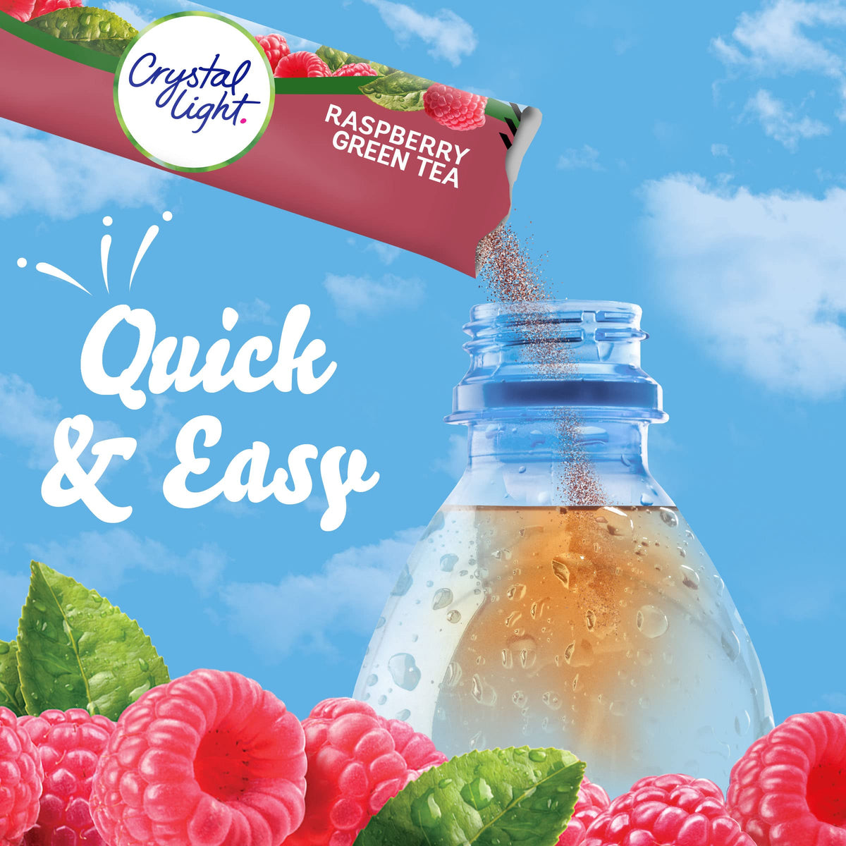 Crystal Light Raspberry Green Tea ingredients list highlighting natural flavor and zero sugar.