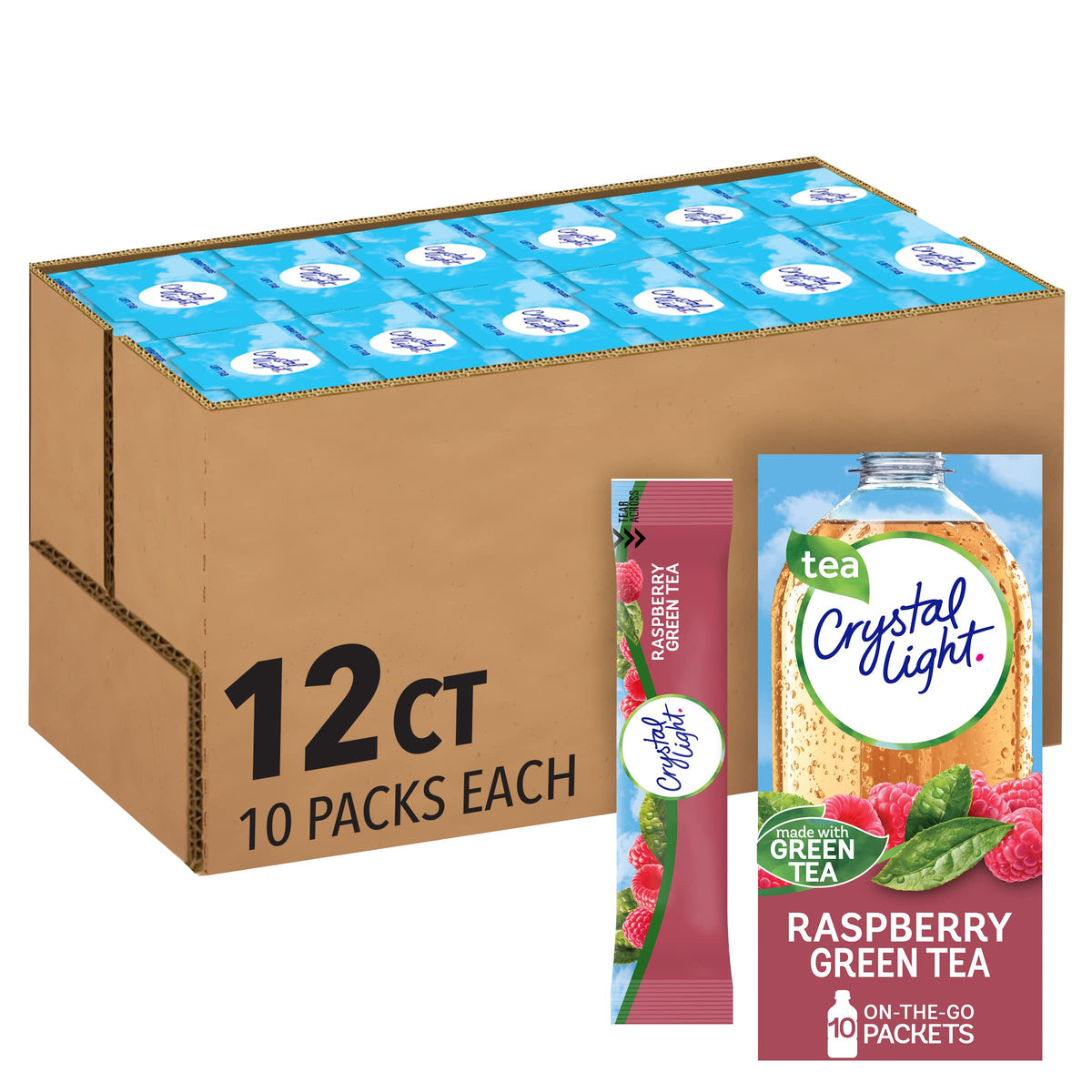 Crystal Light Raspberry Green Tea on-the-go packet ready to mix for a low-calorie refreshment.