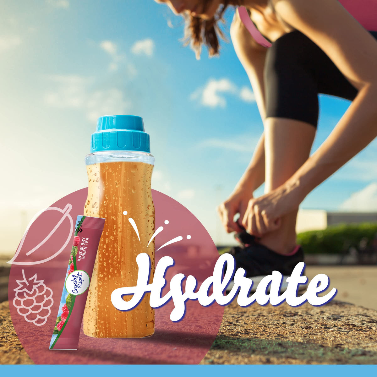 Crystal Light Raspberry Green Tea powder dissolving in water for quick refreshment.
