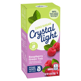 Close-up of raspberries and green tea ingredients in Crystal Light mix.