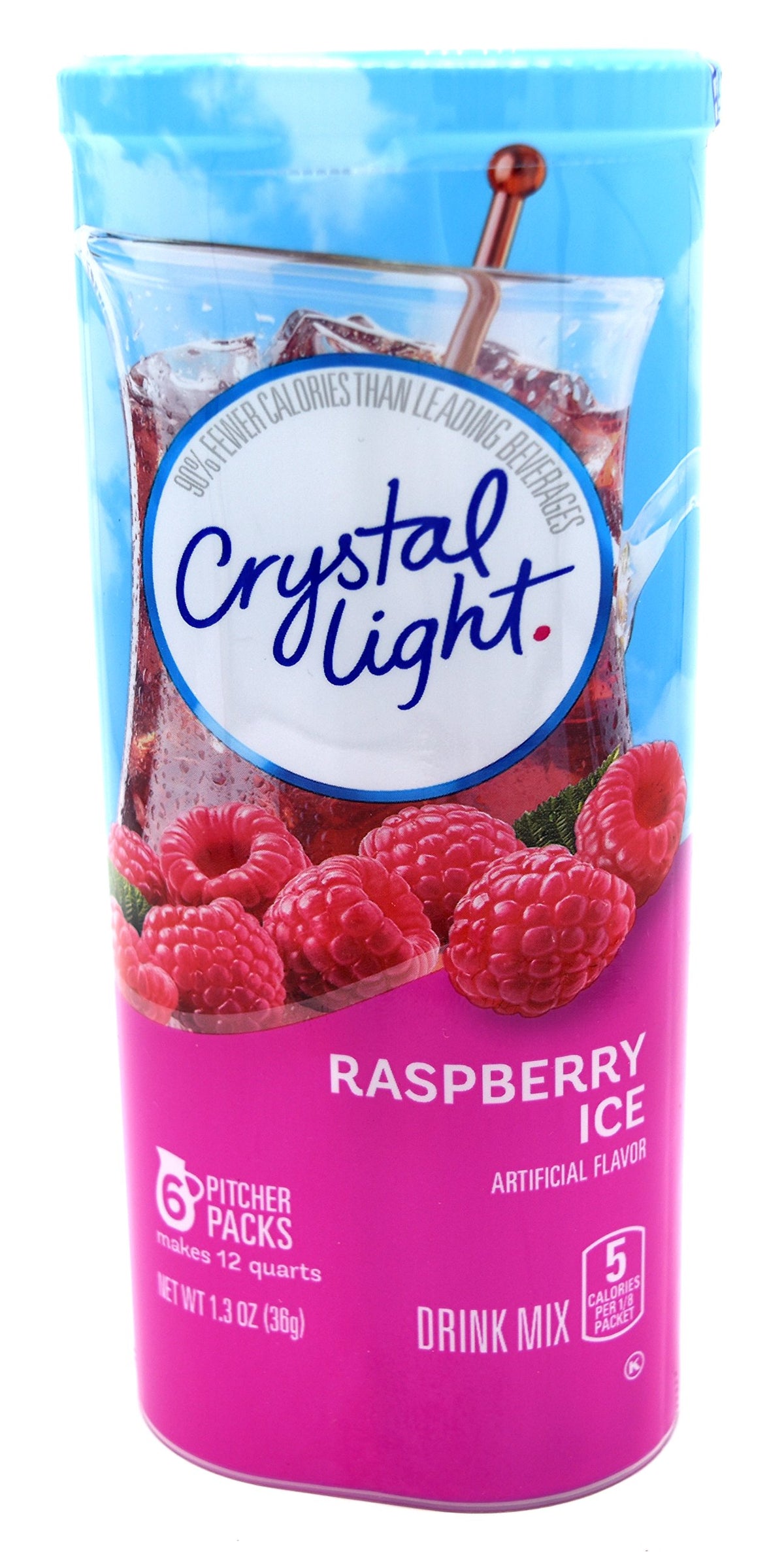 Crystal Light Raspberry Ice canisters on display, a low calorie refreshment.