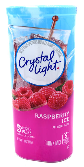 Crystal Light Raspberry Ice canisters on display, a low calorie refreshment.