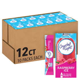 Crystal Light Raspberry Ice on-the-go box with convenient packets for travel-friendly hydration.