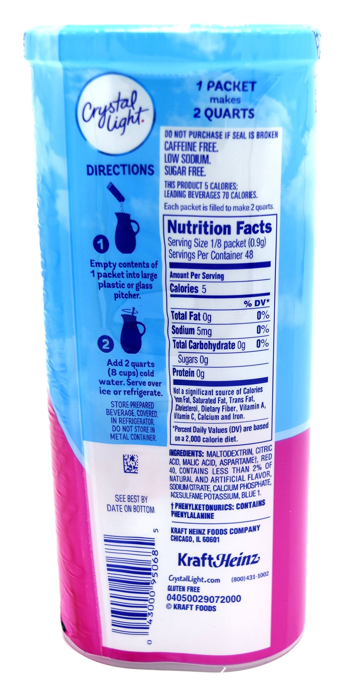 Crystal Light Raspberry Ice packaging shows six packets per canister for easy prep.