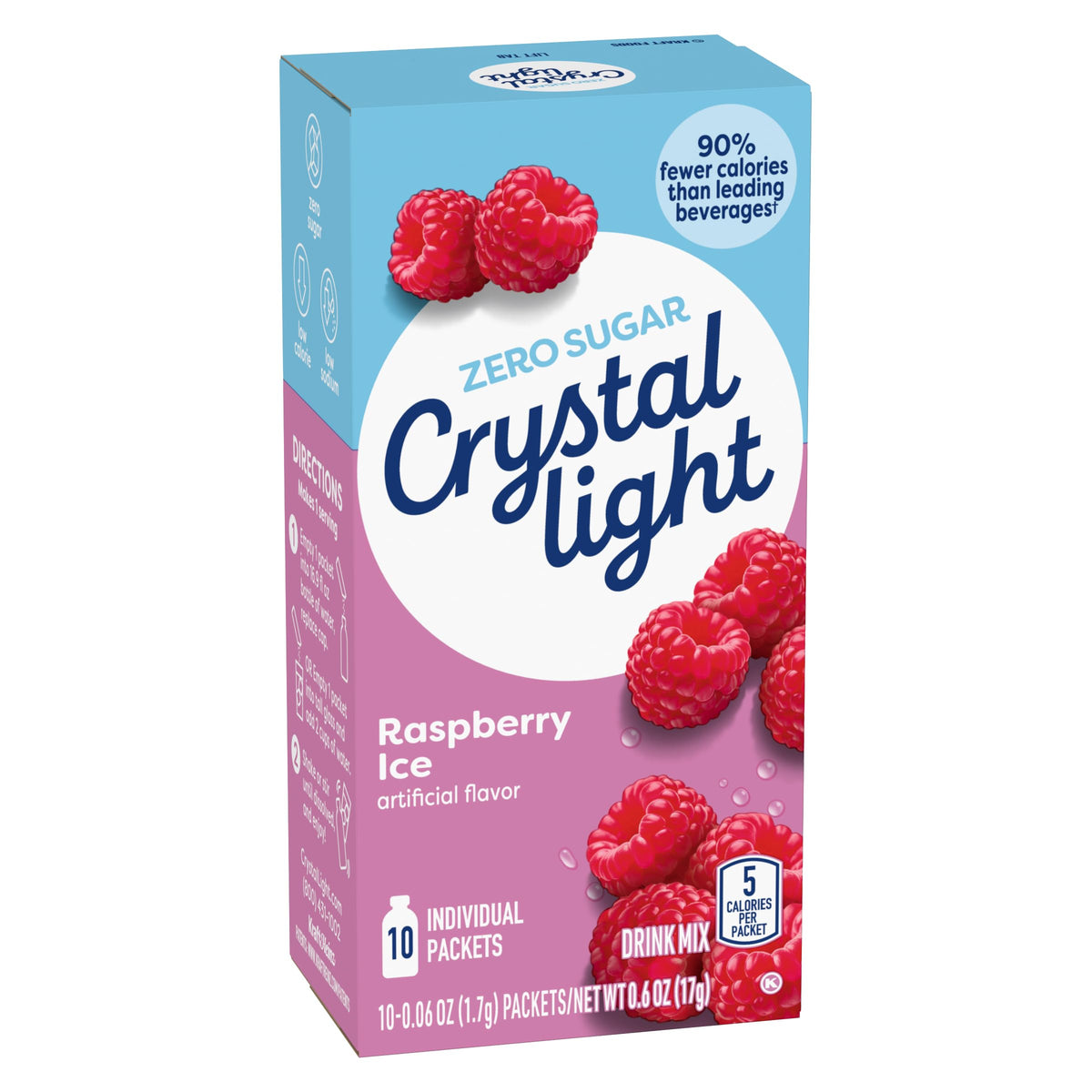 Crystal Light Raspberry Ice packet dissolving in water for instant flavor.