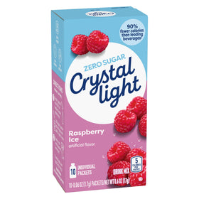 Crystal Light Raspberry Ice packet dissolving in water for instant flavor.
