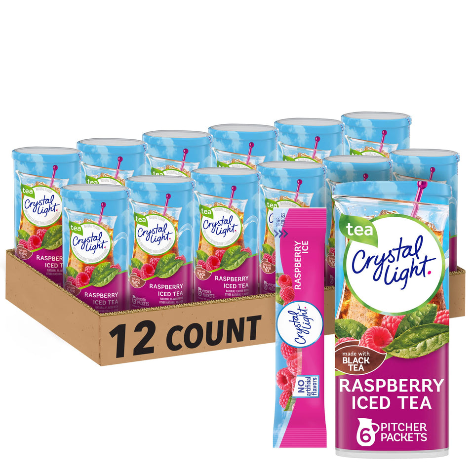 Crystal Light Raspberry Iced Tea powder packet showing a single-serving mix for quick, sugar-free refreshment.
