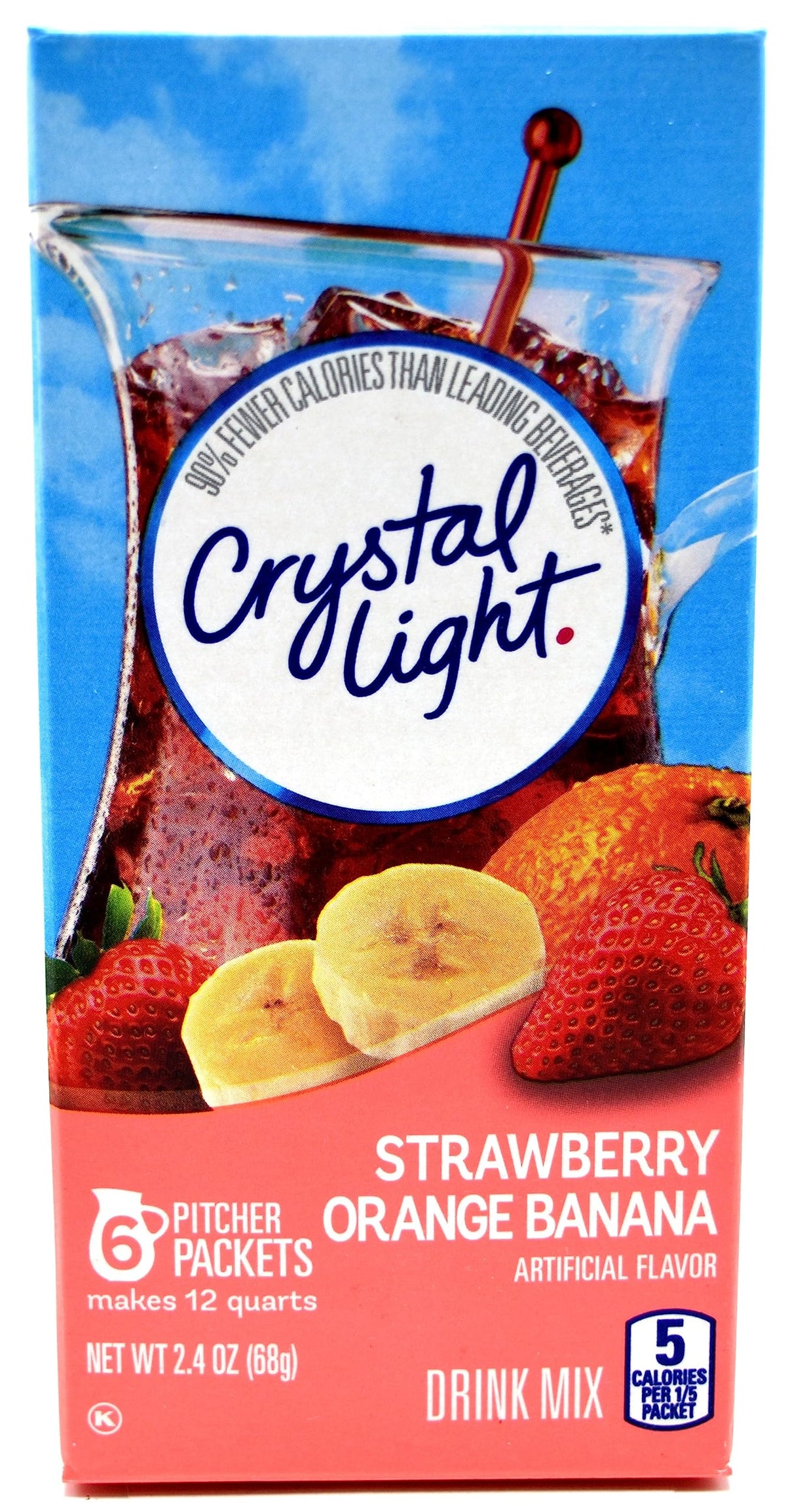 Crystal Light canister with Strawberry Orange Banana flavor for refreshing hydration.