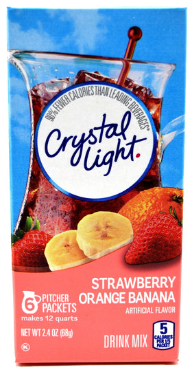 Crystal Light canister with Strawberry Orange Banana flavor for refreshing hydration.