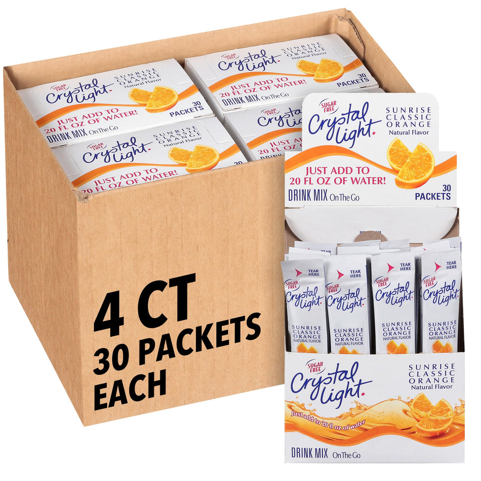 Crystal Light Sunrise Orange on-the-go packets for quick, low-calorie hydration.