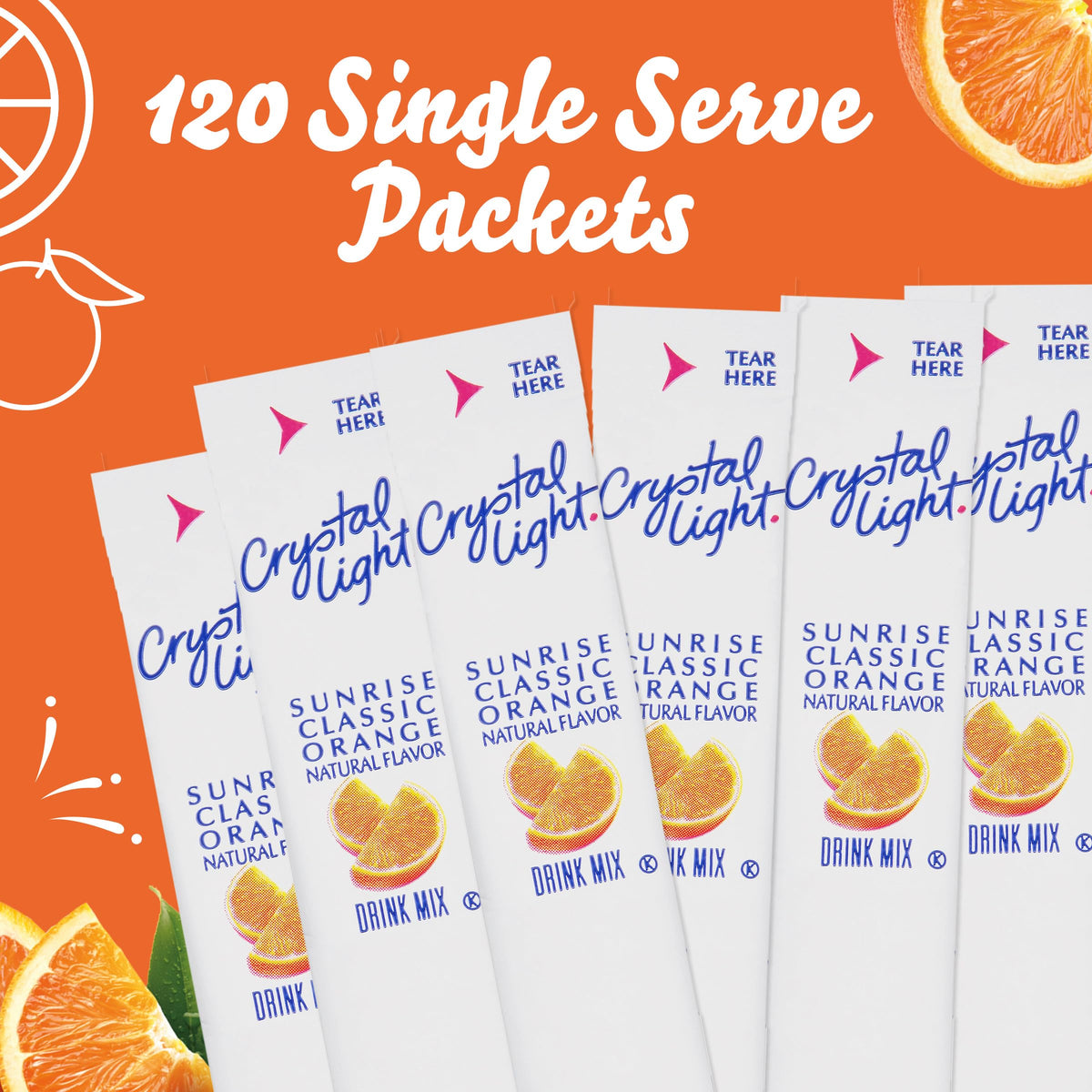 Crystal Light Sunrise Orange packets neatly arranged on a counter for easy access.