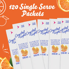 Crystal Light Sunrise Orange packets neatly arranged on a counter for easy access.