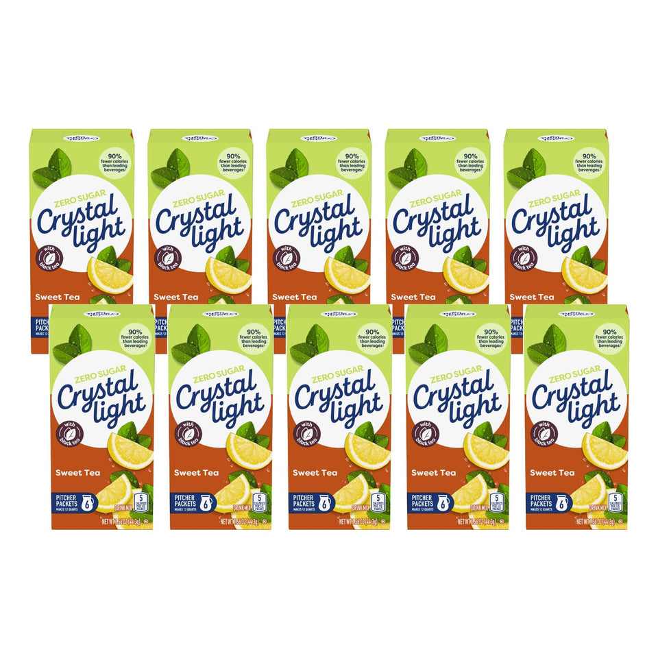 Crystal Light Sweet Tea canister close-up showing real tea flavor and low-calorie option